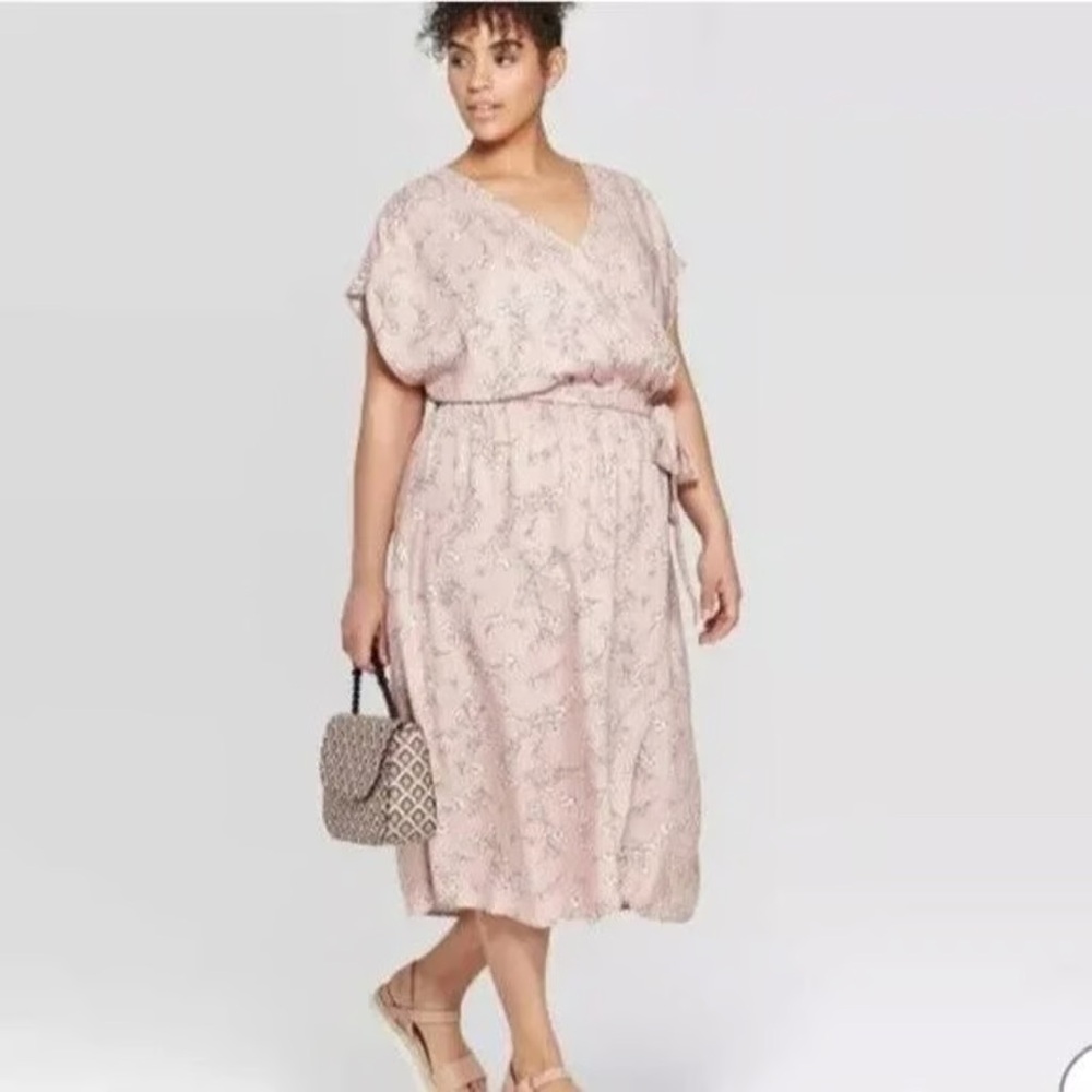 Ava & Viv Pink Floral Flutter Sleeves Tie Waist Crossover Dress in Size X (14W)